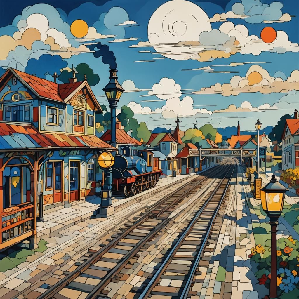 Colorful Cartoon Train Station in Kandinsky Style