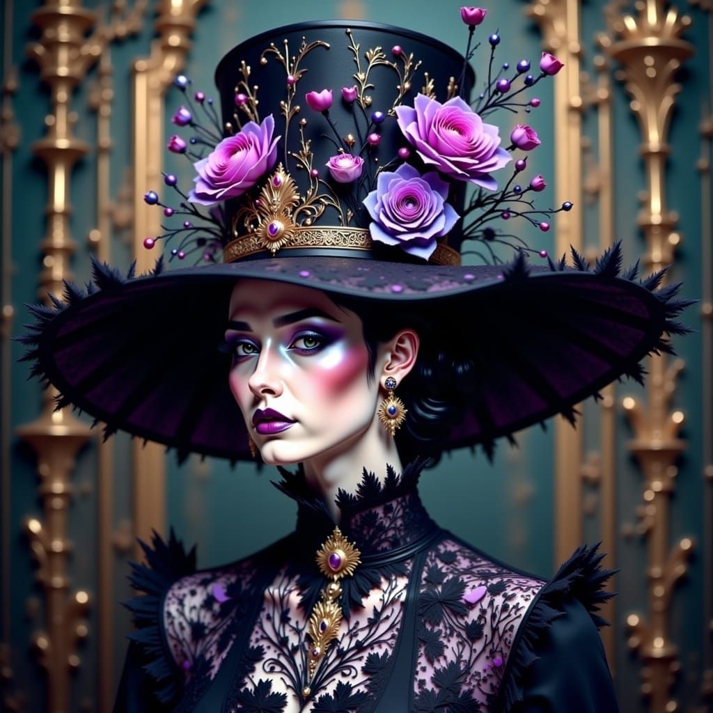 Neon Couture Hat with Flowers and Filigree in Art Nouveau St...