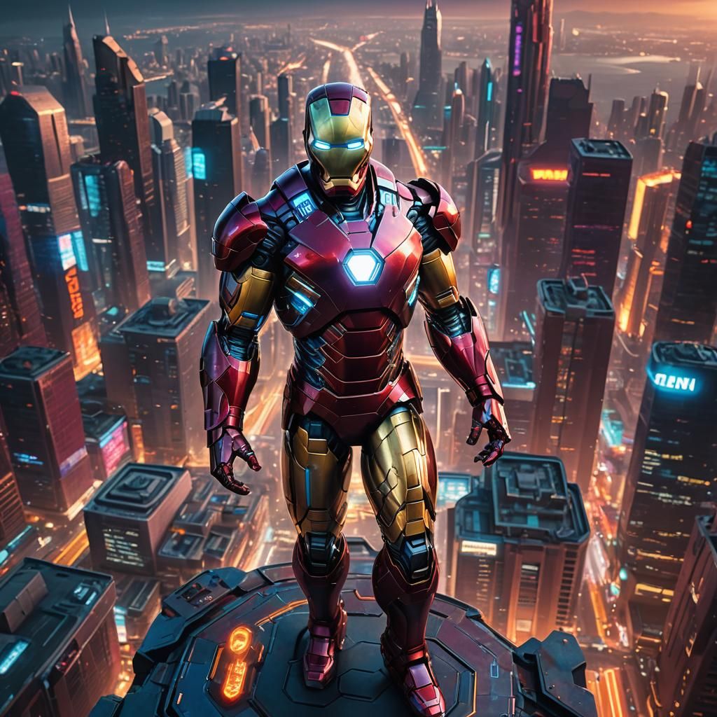 Iron Man in a Futuristic Cityscape