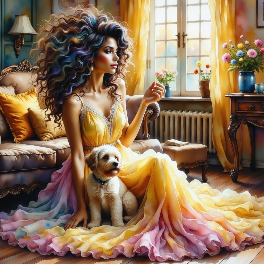 Woman and Puppy in Cozy Room, Watercolor Style