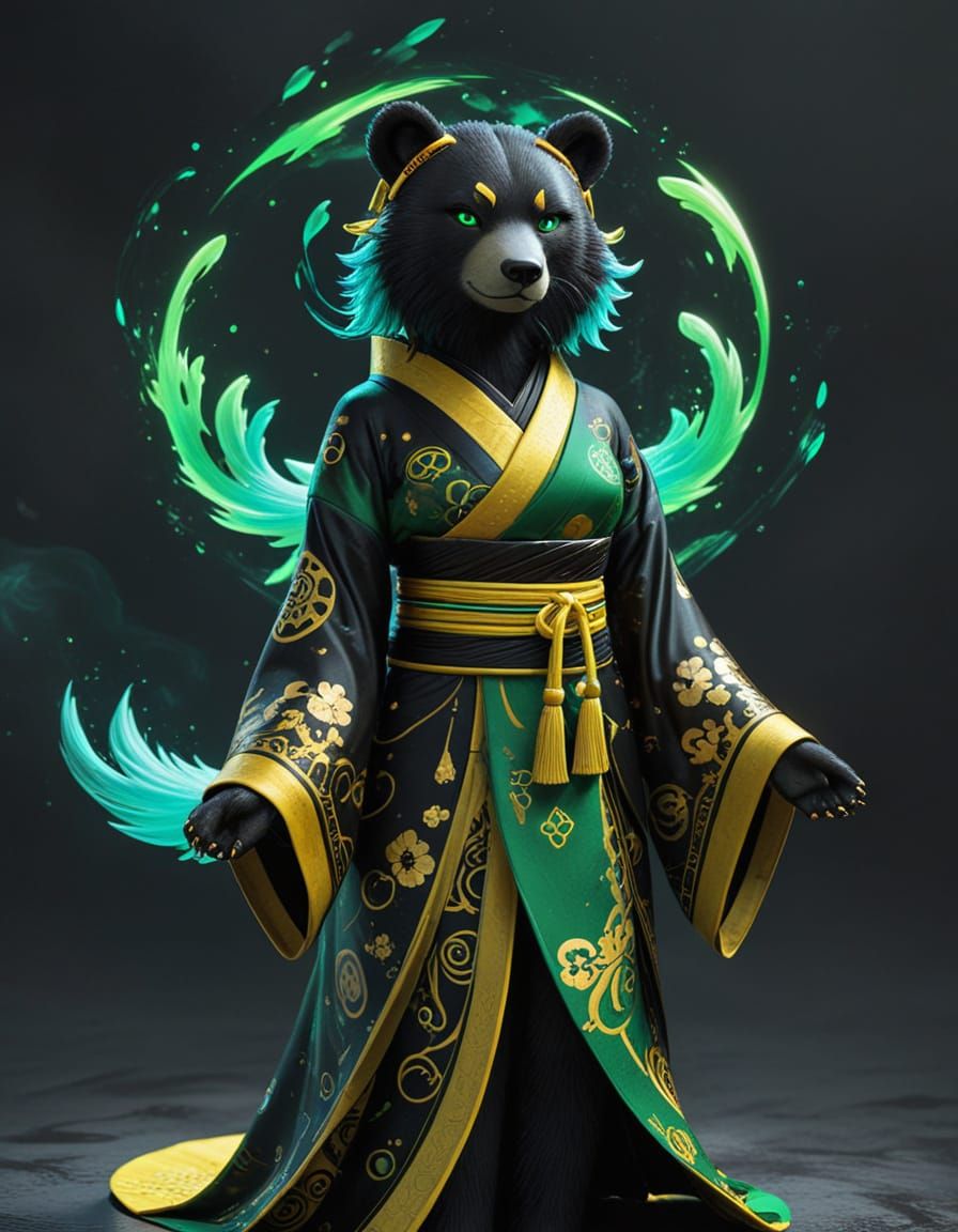 Amaterasu humanized bear girl, sleek black, green and...