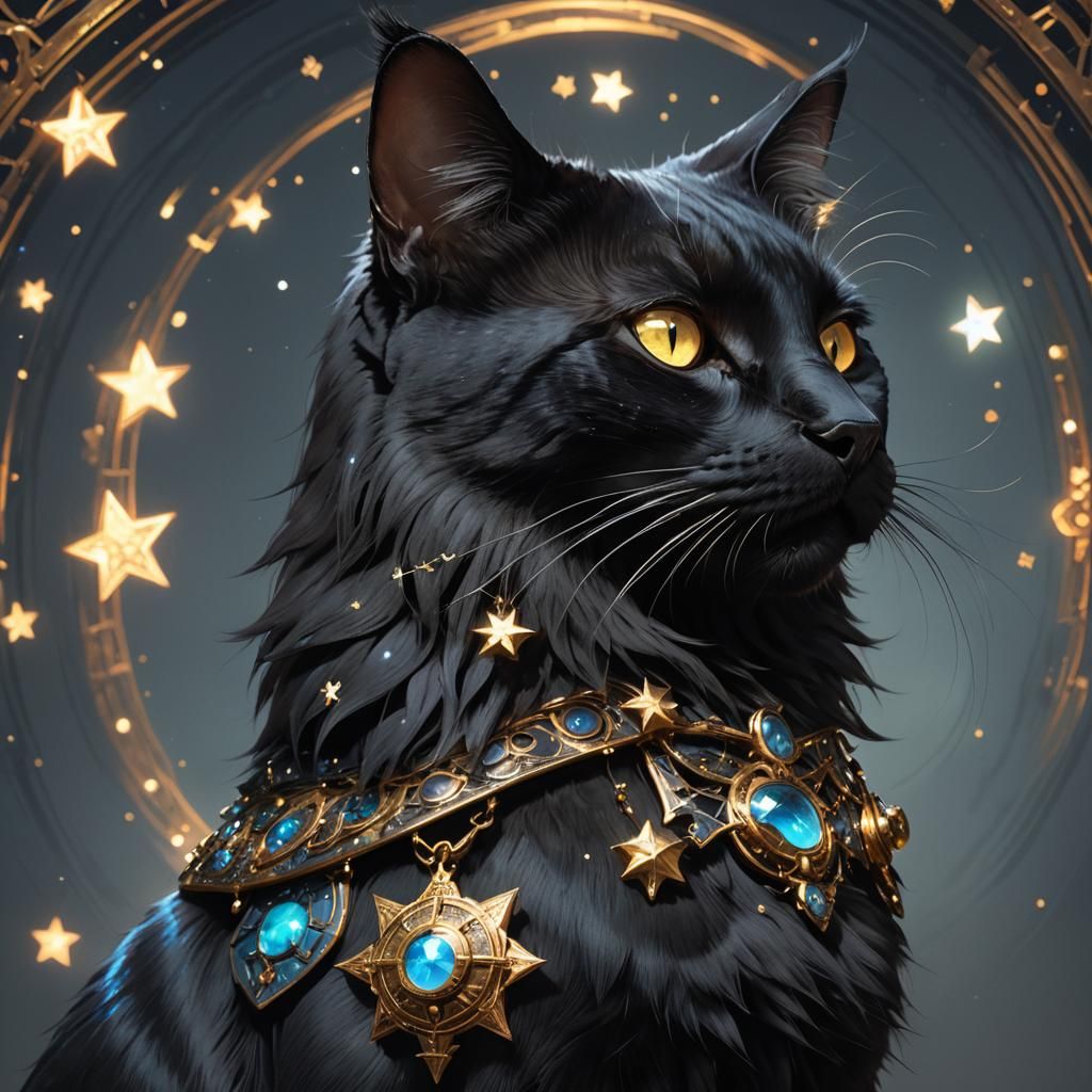 Mystical Black Cat with Star Fur Portrait