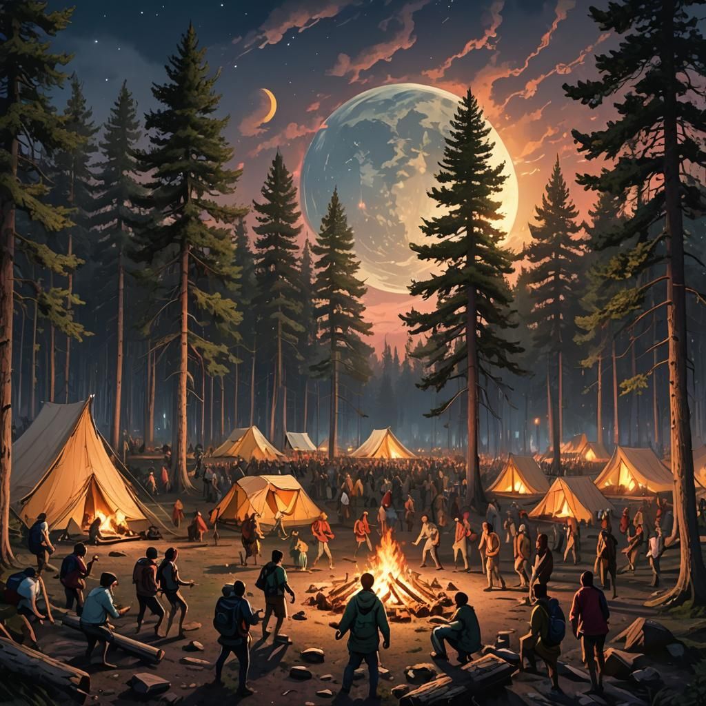 Campfire Dance Under the Moon in Dark Fantasy Style