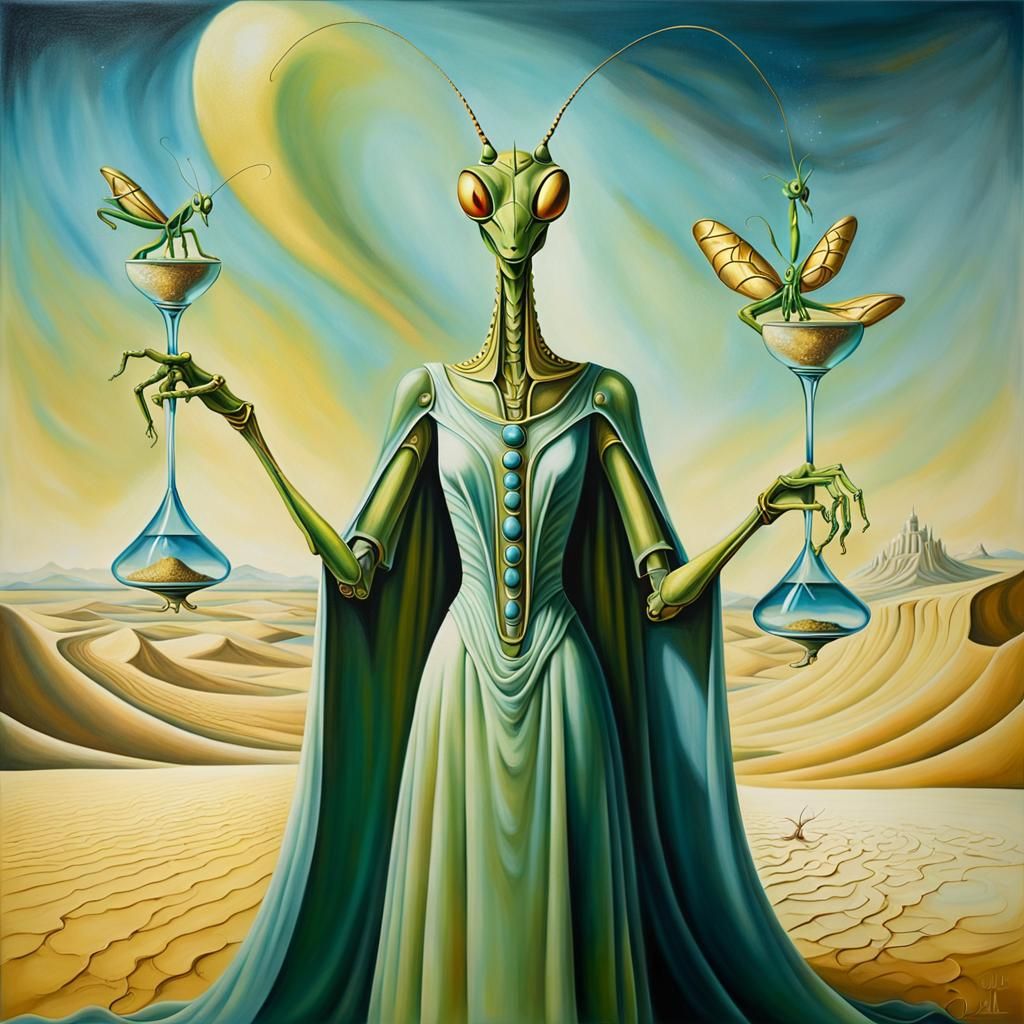 Praying Mantis with Hourglasses: Surreal Dali-esque Art
