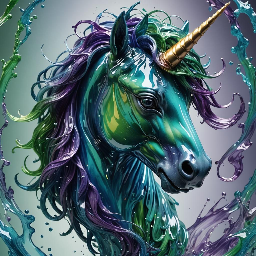 Hyperrealistic Blue Glass Unicorn Head Splash Art