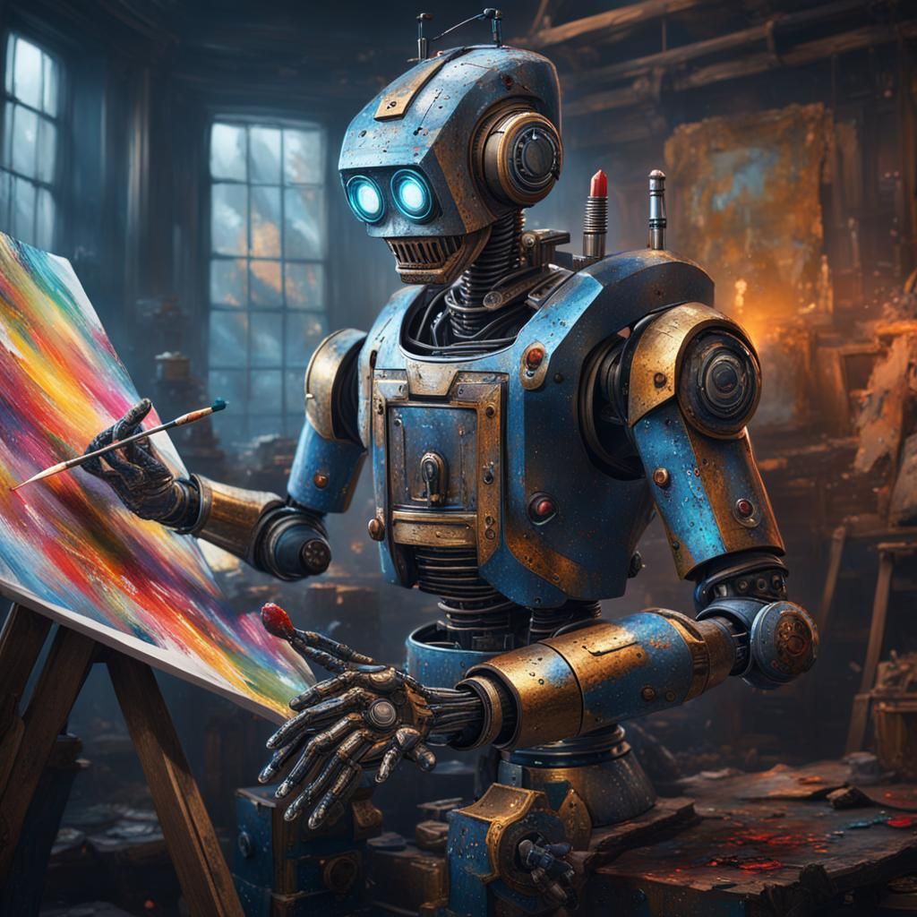 Robot AI Artist Paints a Portrait, Detailed Matte Painting