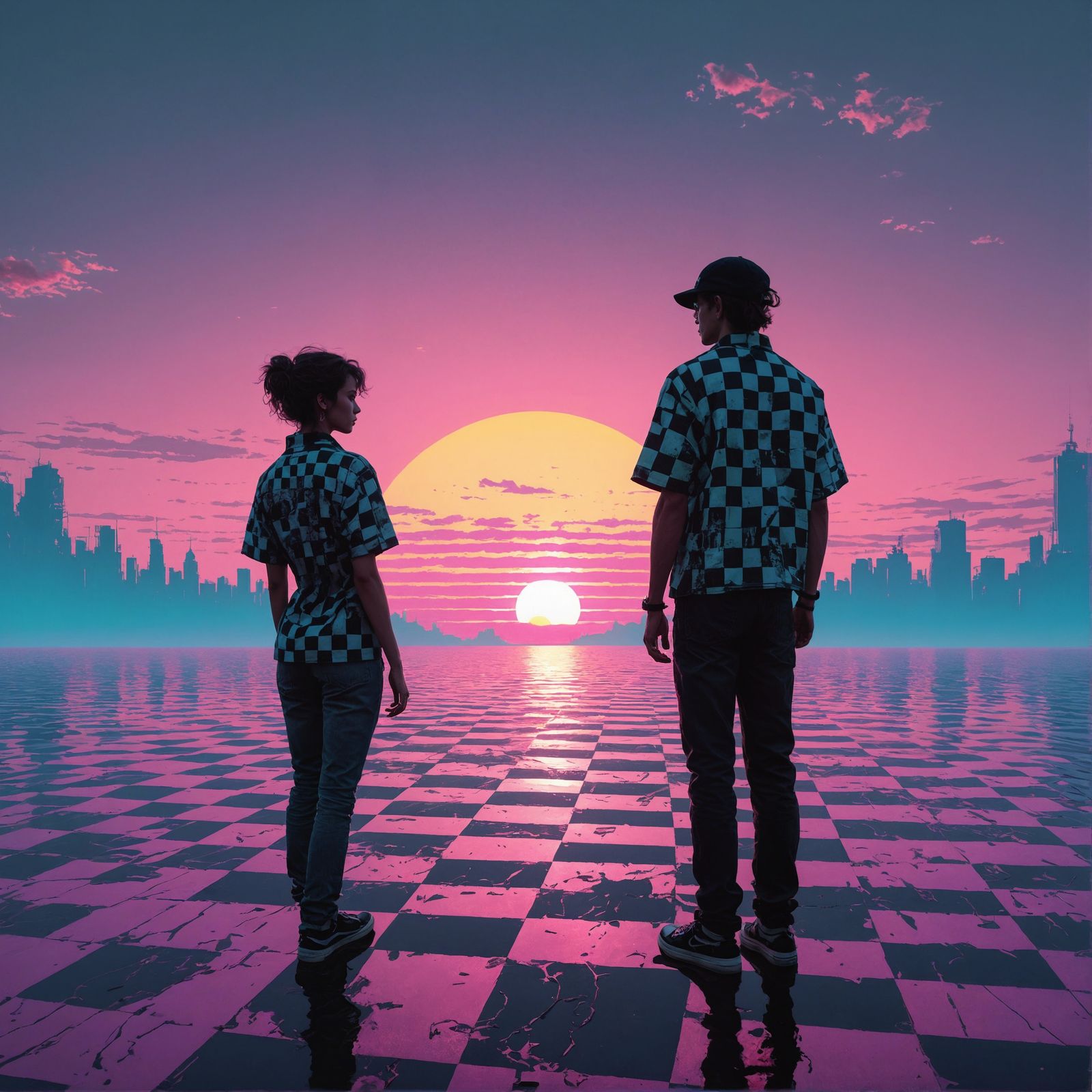 Vaporwave Sunset Silhouette with Glitch Effects