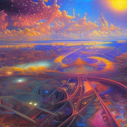 Psychedelic Stardust Cityscape in Retro Style