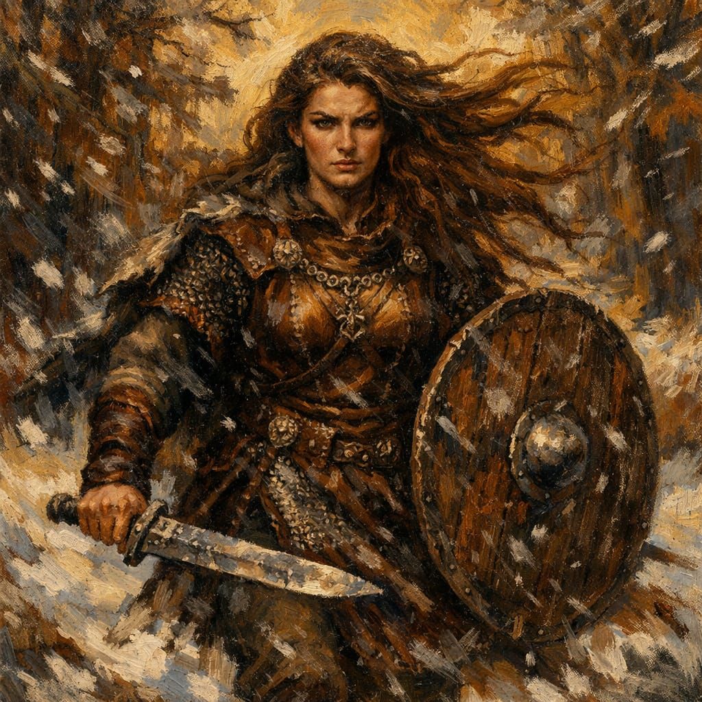 Norse Goddess of Protection in Winter Forest Oil Painting