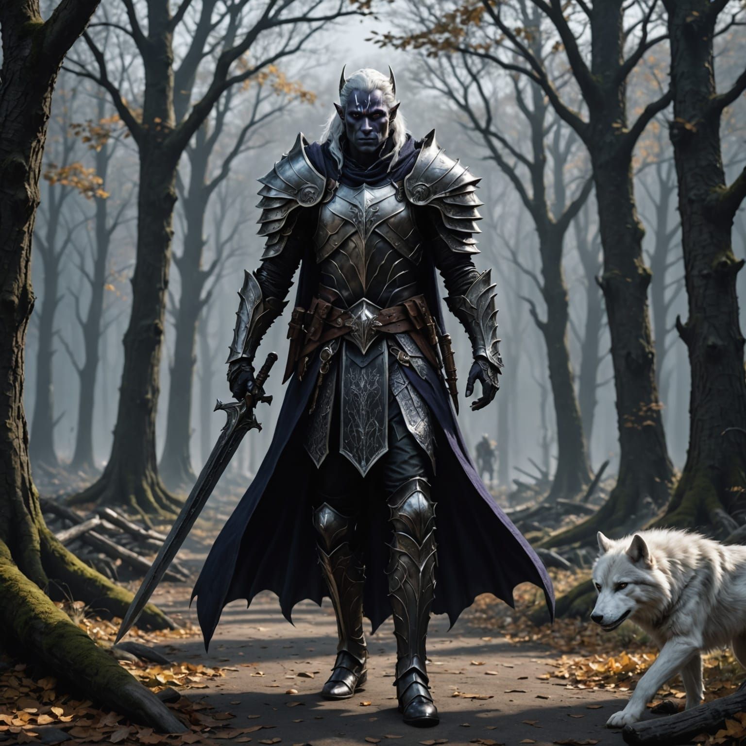 Dark Elf Warrior in Half-Plate Armor with White Wolf Pelt, D...