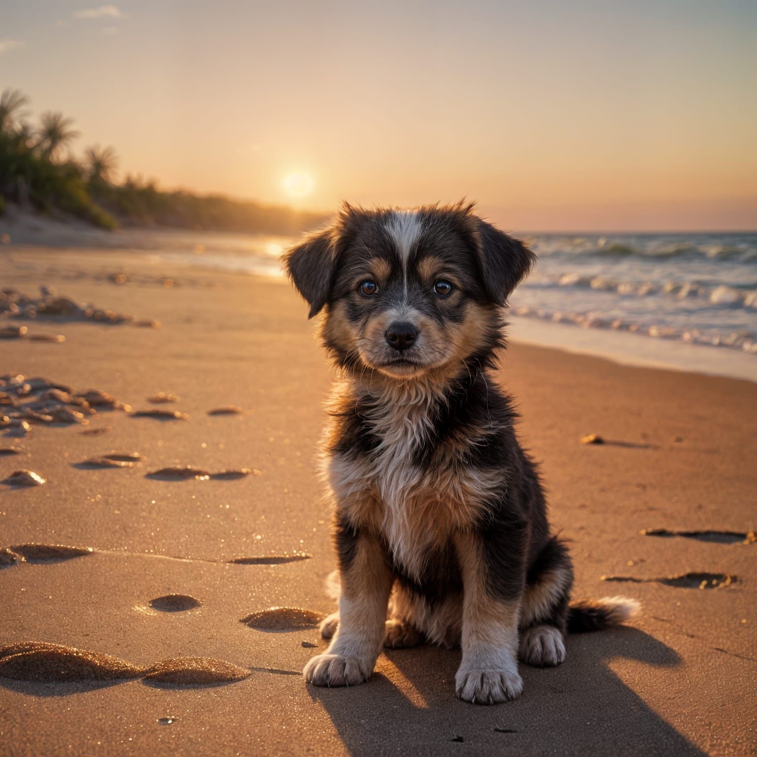Fluffy Puppy on Beach at Sunset