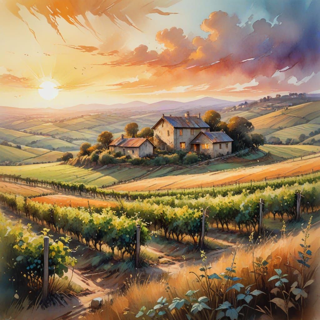 Lush Tuscan Vineyards at Sunset in Watercolour Style