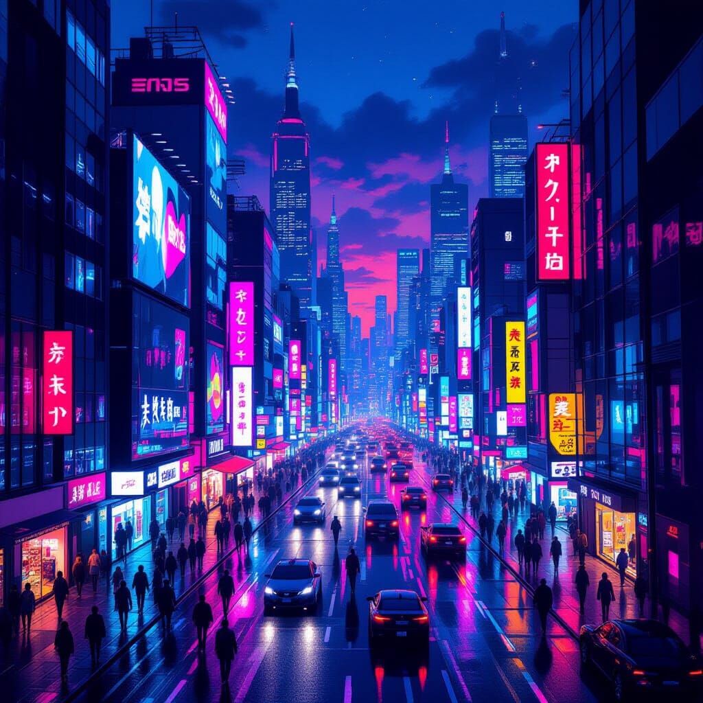 Vibrant Cityscape at Dusk in Futuristic Style
