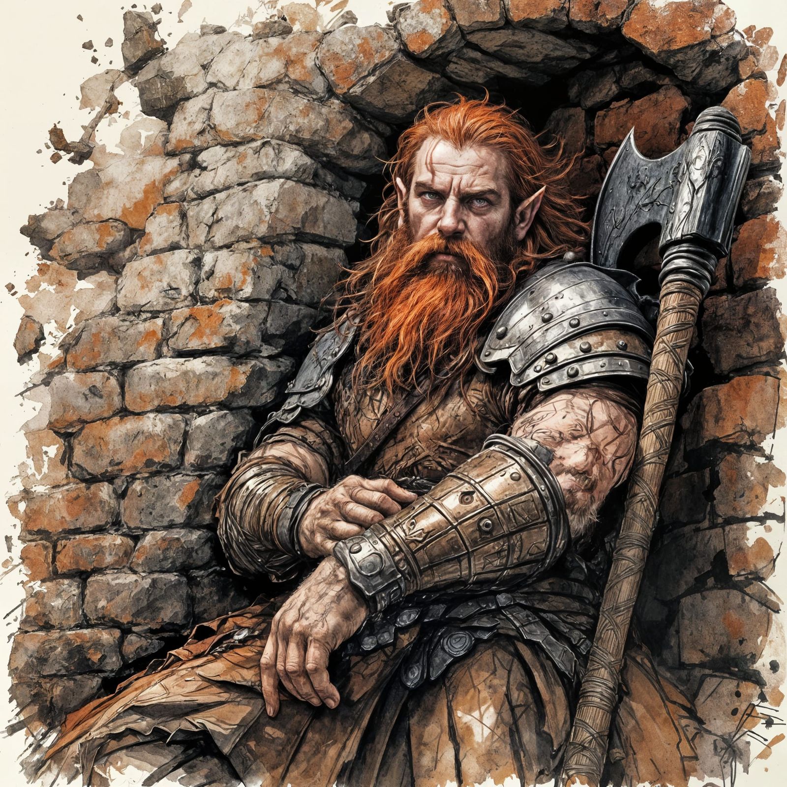 Dwarf Warrior Rests with Greataxe, Ink Drawing Style
