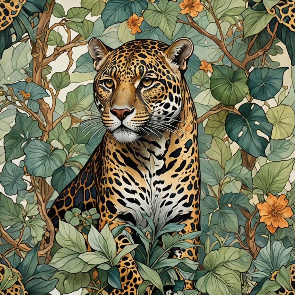 Jaguar in Jungle: Watercolor Tessellation, Art Nouveau Style