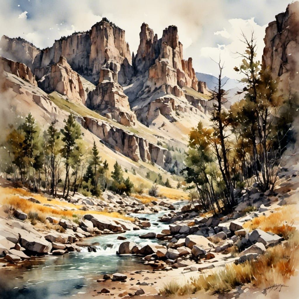Wyoming Bluffs in Antique Watercolor Painting