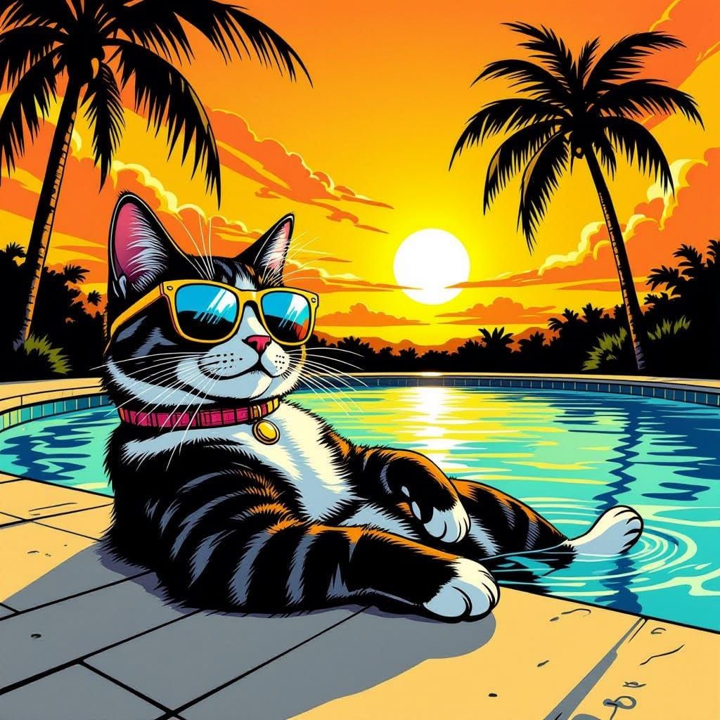 Cool Cat in Sunglasses Lounges by Pool in Comic Style