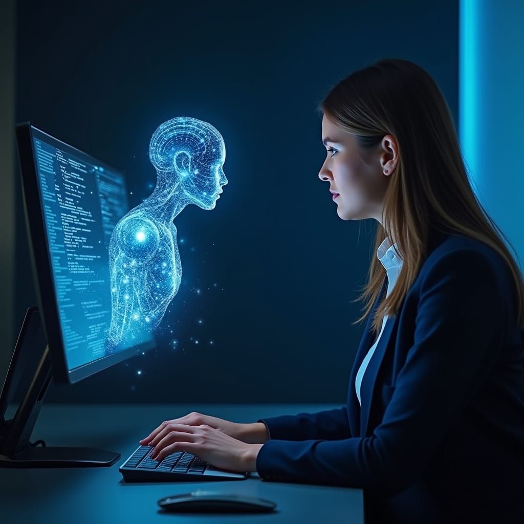 Futuristic Woman Collaborates with AI in High-Tech Workspace