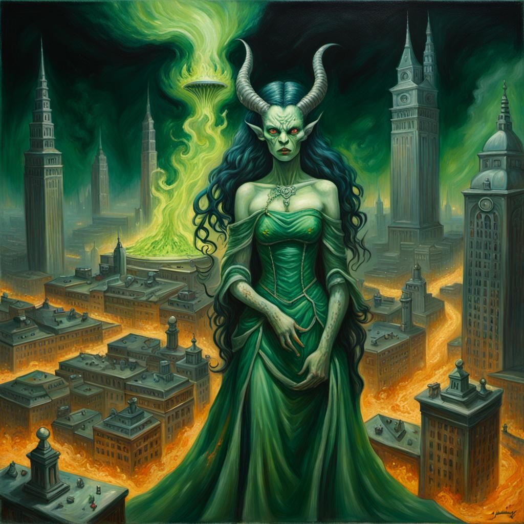 Demonic Porcelain Princess Destroys City in Oil Painting