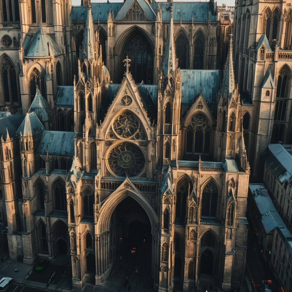 Imposing Gothic Cathedral in City at Golden Hour