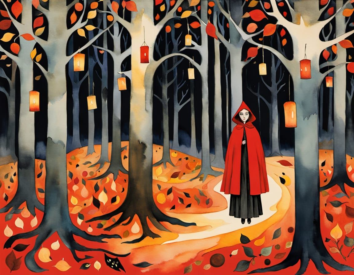 Halloween Fairytale: Girl with Candle in Autumn Woods