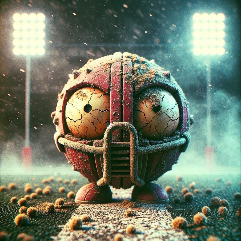 Dystopian Cartoon Sphere on Worn Rugby Field