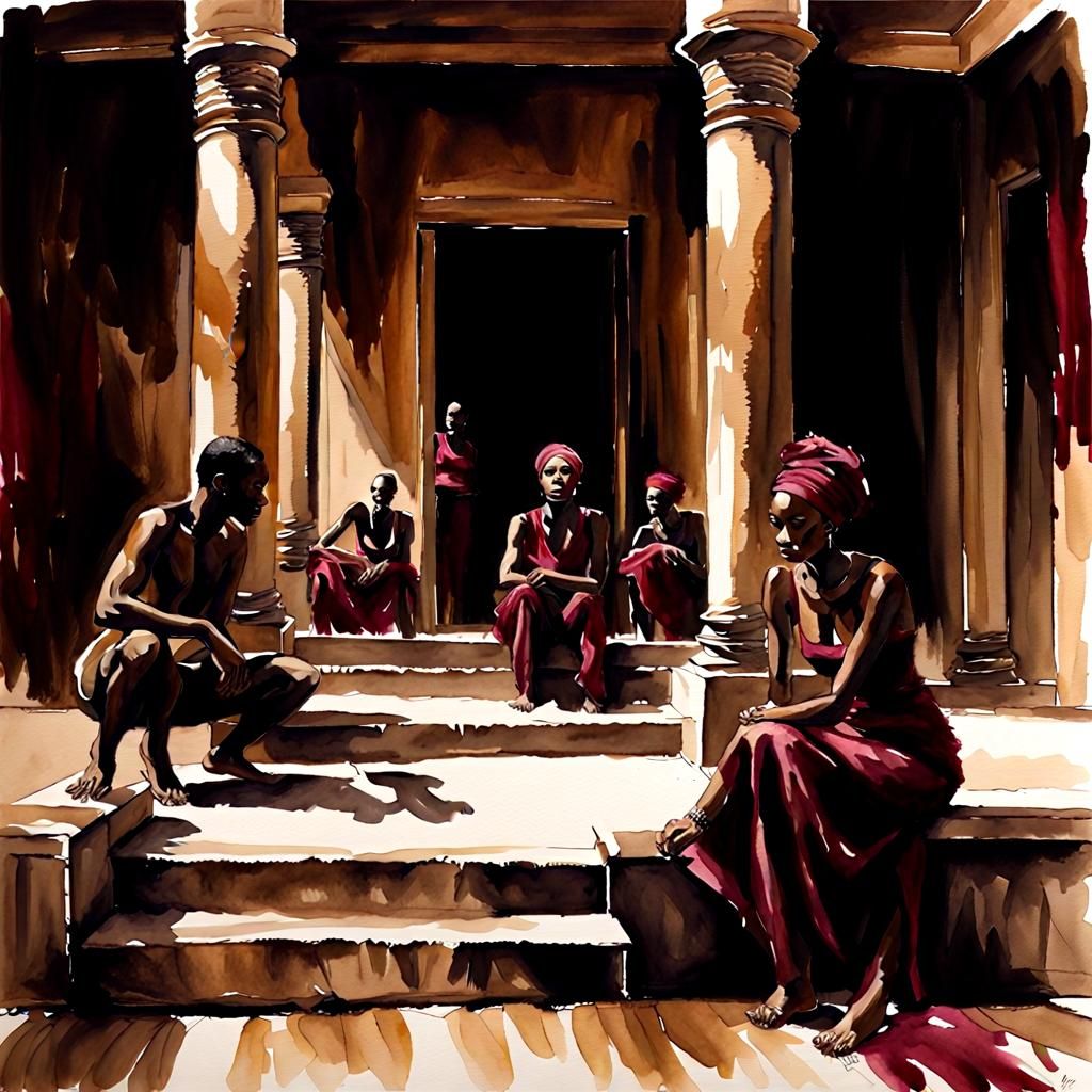African Palace Scene in Dark Watercolour