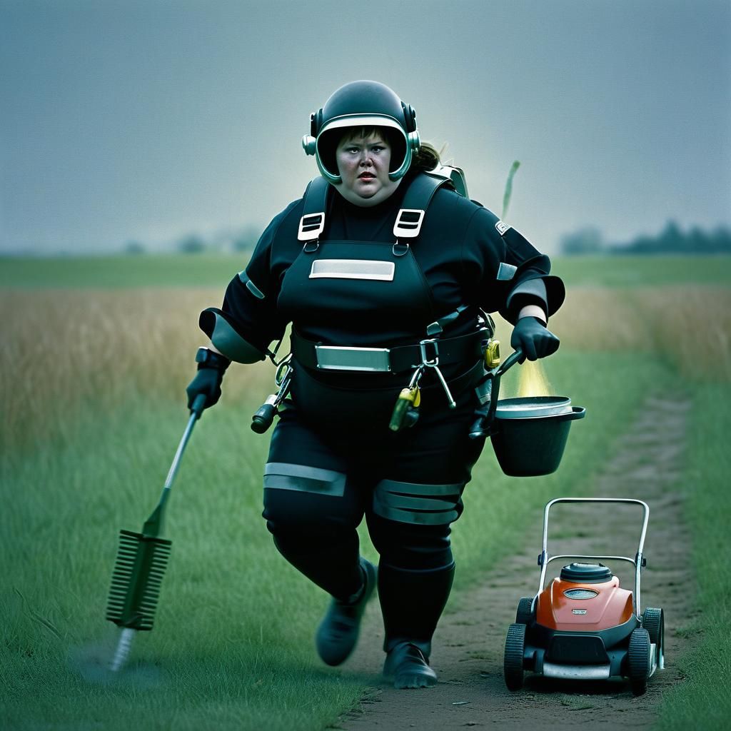 Humorous Cinematic Image of Overweight Scuba Woman