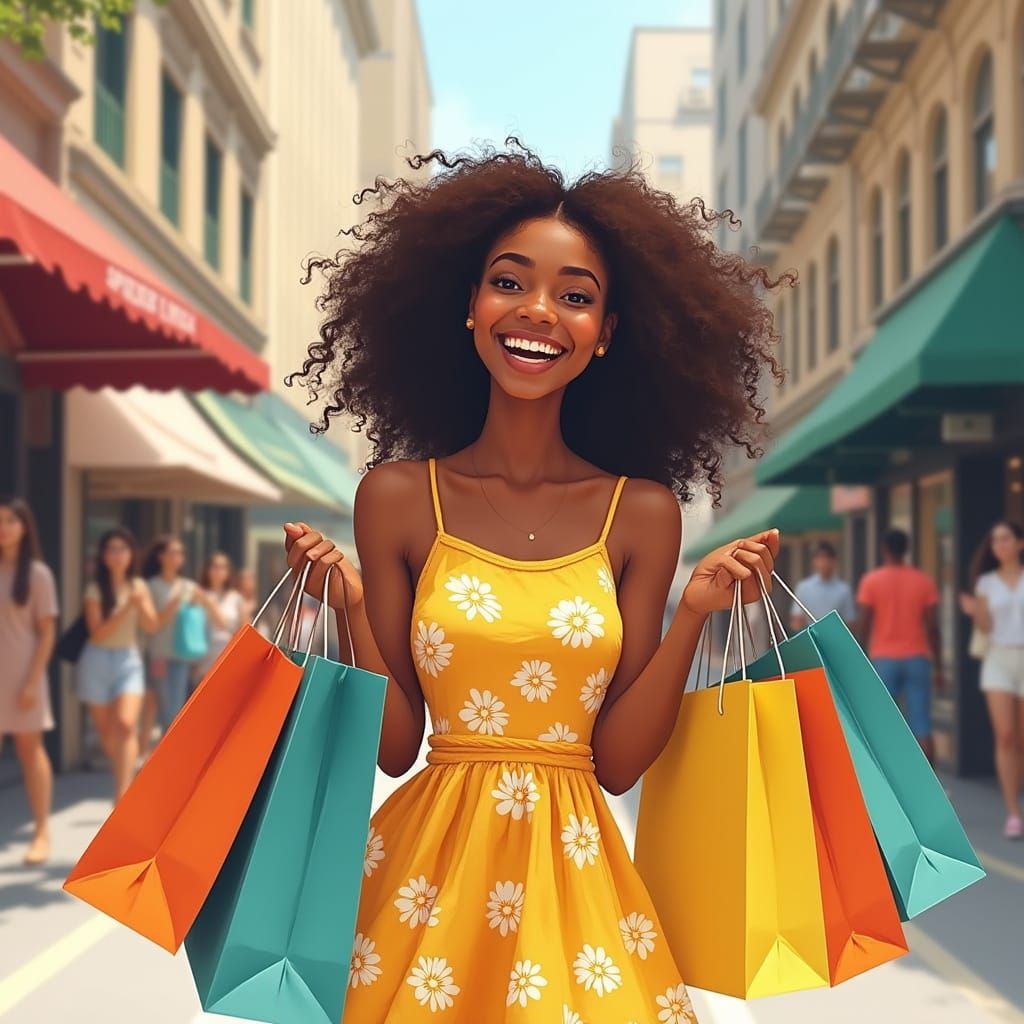 Joyful Interracial Young Woman in Vibrant City Street Scene