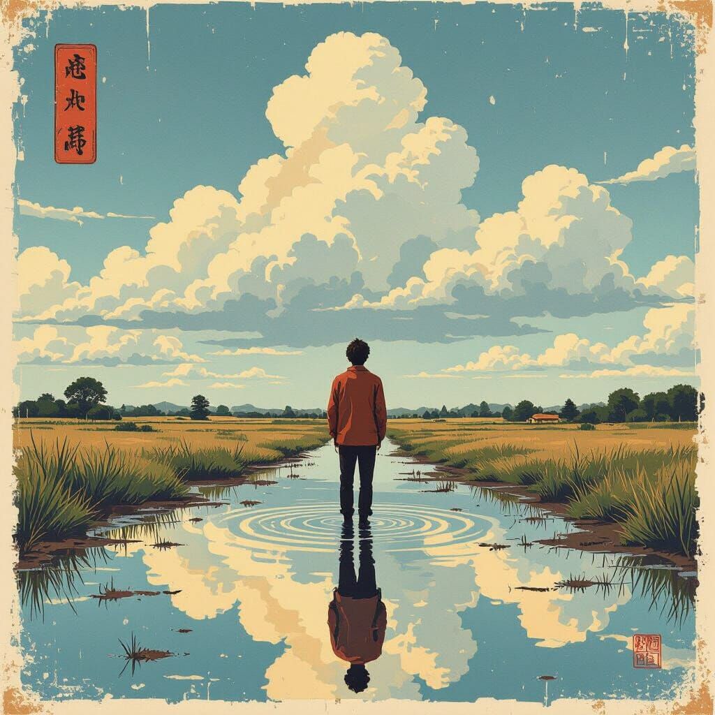 Rain Puddle Reflection: Surreal Clouds in Ukiyo-e Style
