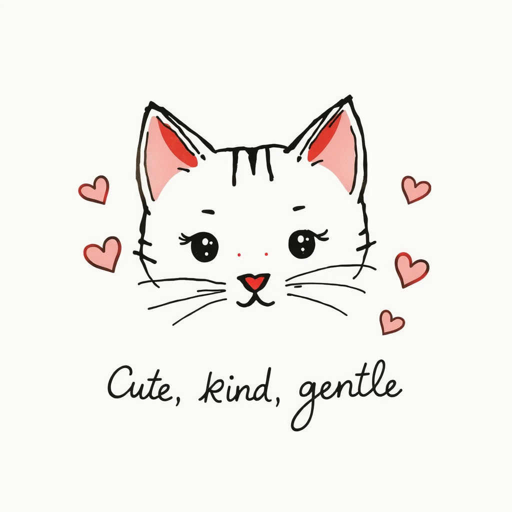 Cute Cat Face Ink Drawing with Hearts