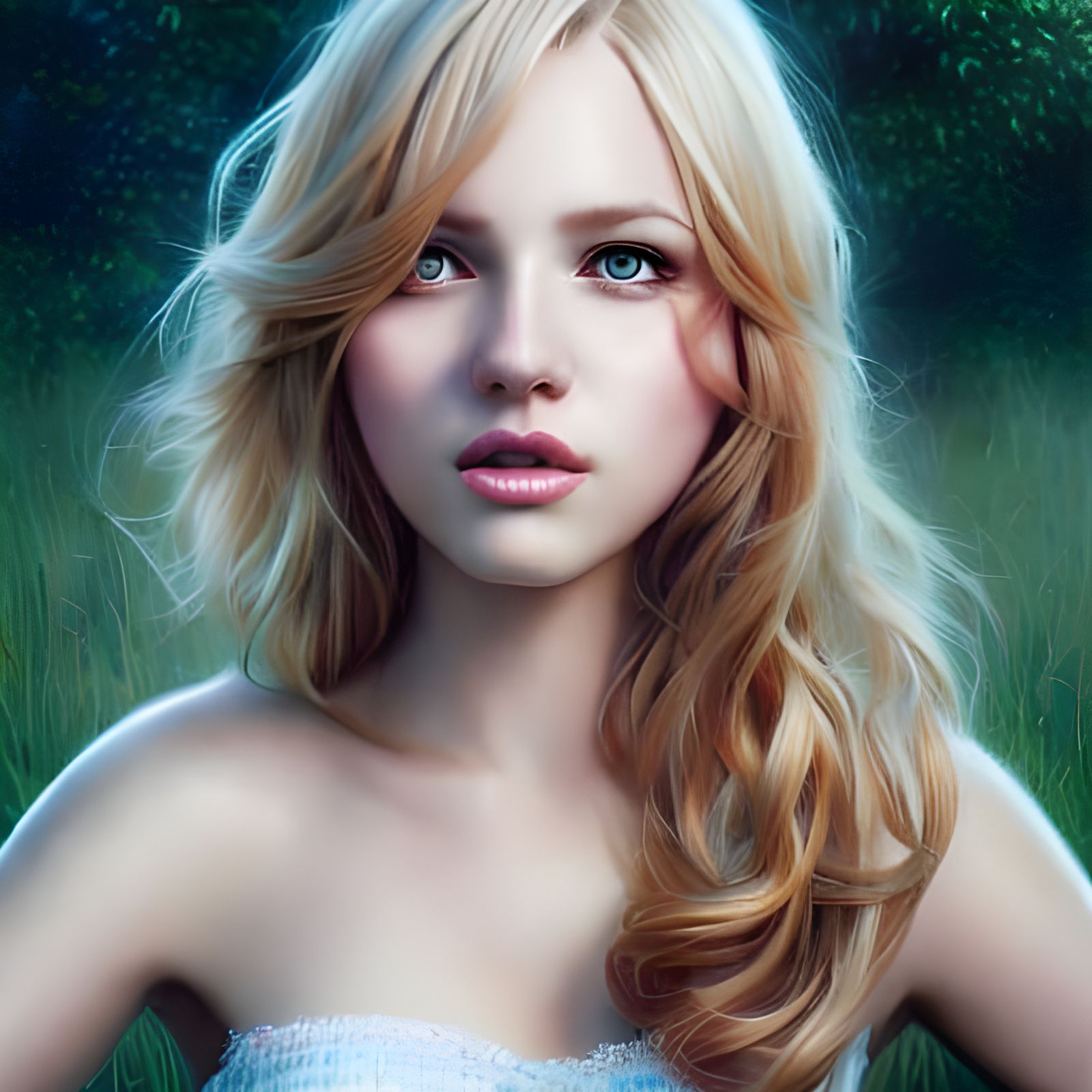 Gorgeous Blonde Woman Portrait in Park, Digital Art