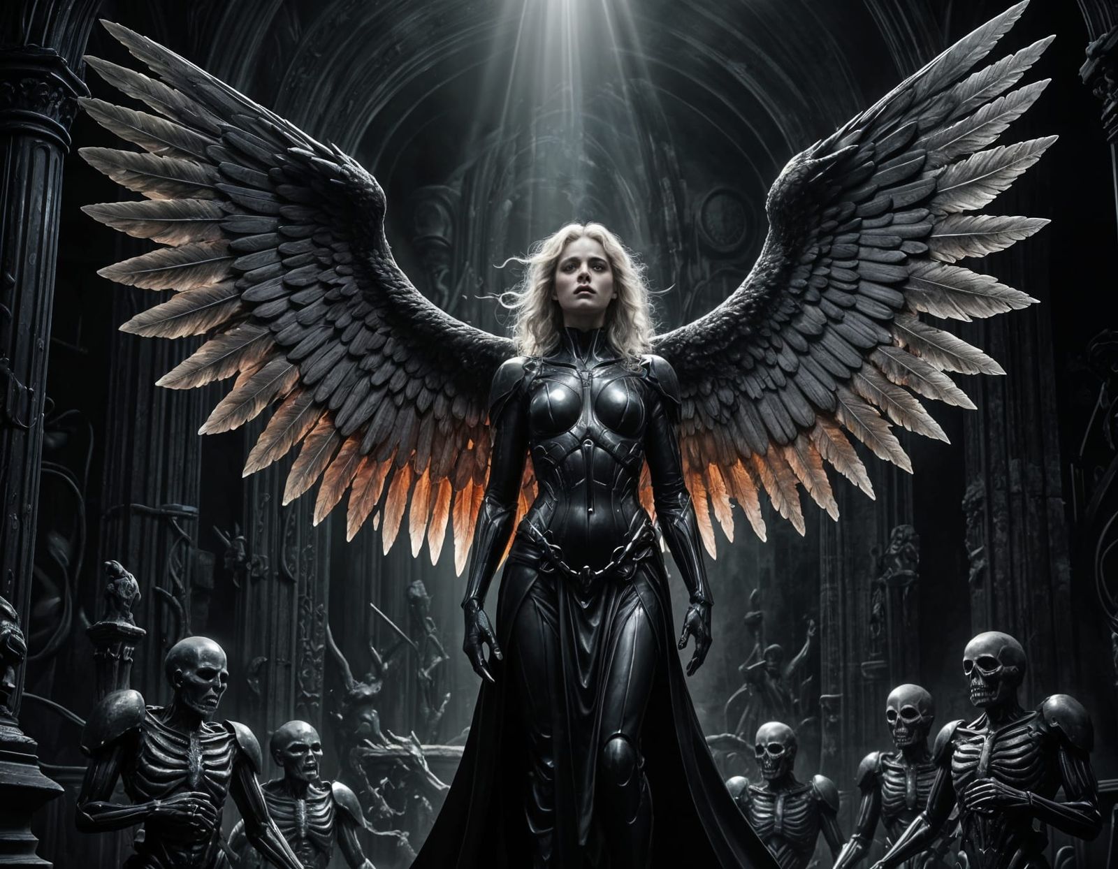 Ethereal Guardian in Darkened Sanctum Shines with Golden Rad...