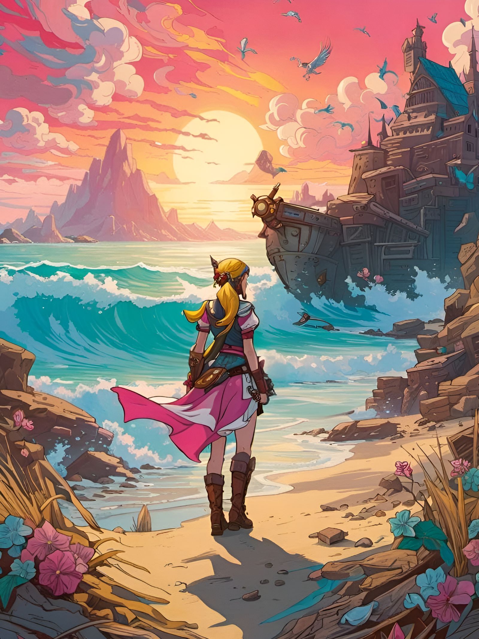 Punk Rock Princess Zelda Beach Scene in Gouache
