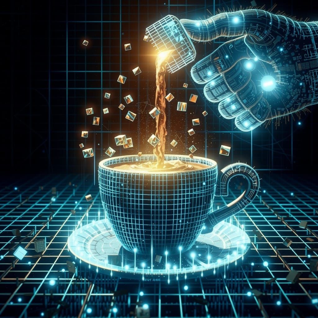 Synthwave Coffee Cup Pixel Grid Digital Art