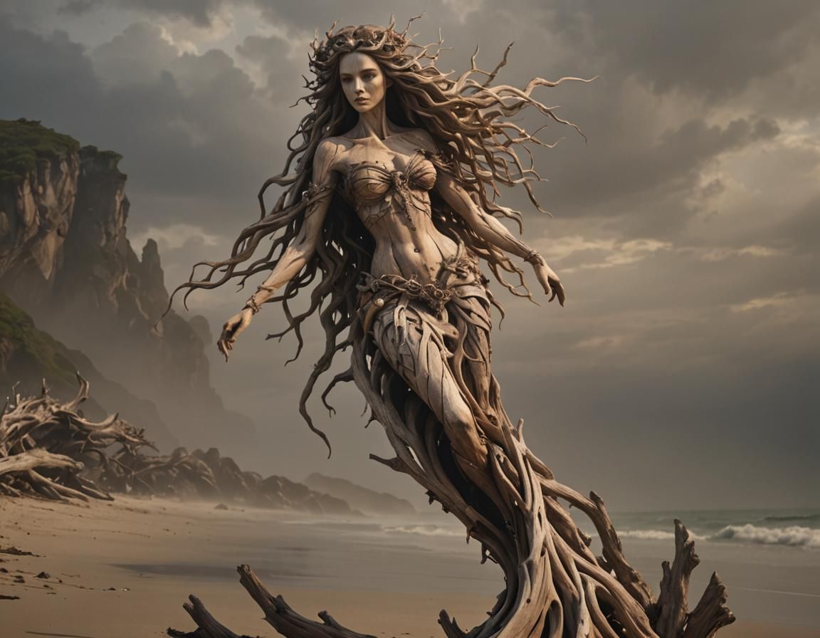 Driftwood Mermaid Sculpture on a Stunning Beach