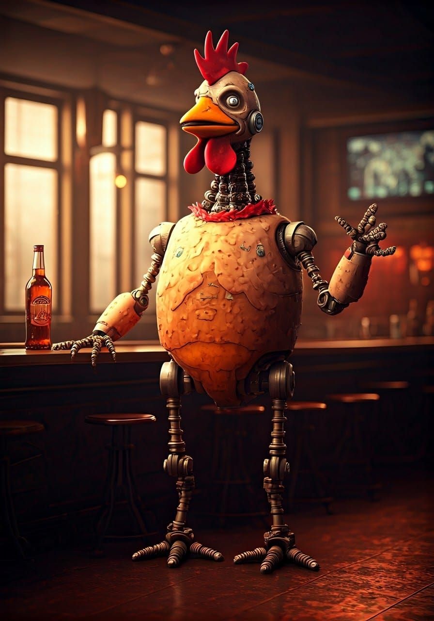 Weird Robot Chicken in Dive Bar, 4K