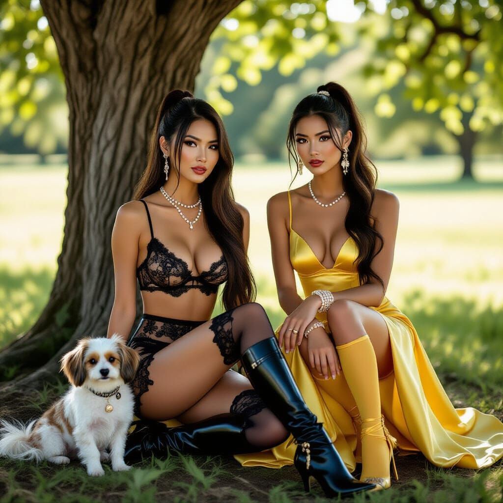 Two Women in Prom Dresses and Lingerie