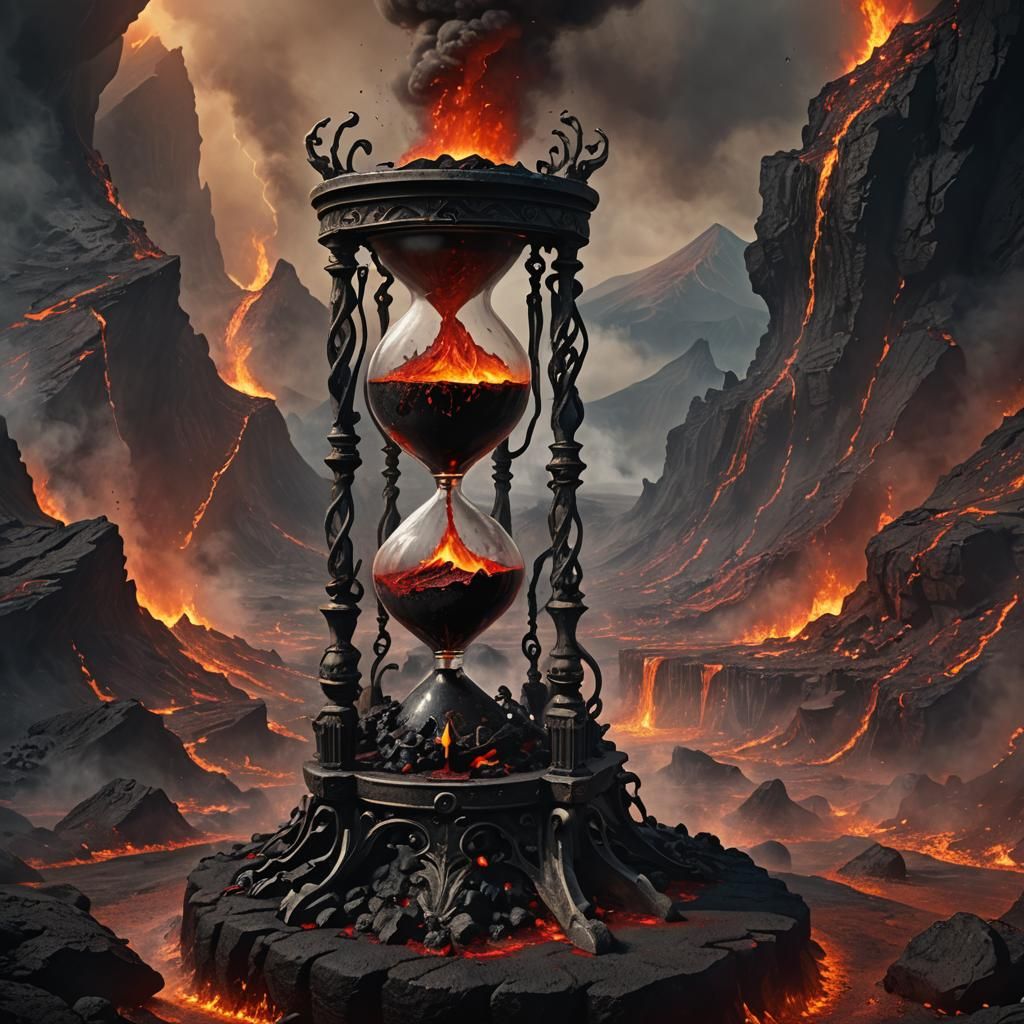 Blood Hourglass in Volcano: Dark Fantasy Art