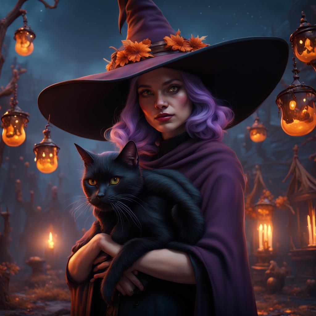 Whimsical Witch and Cat in Matching Hats