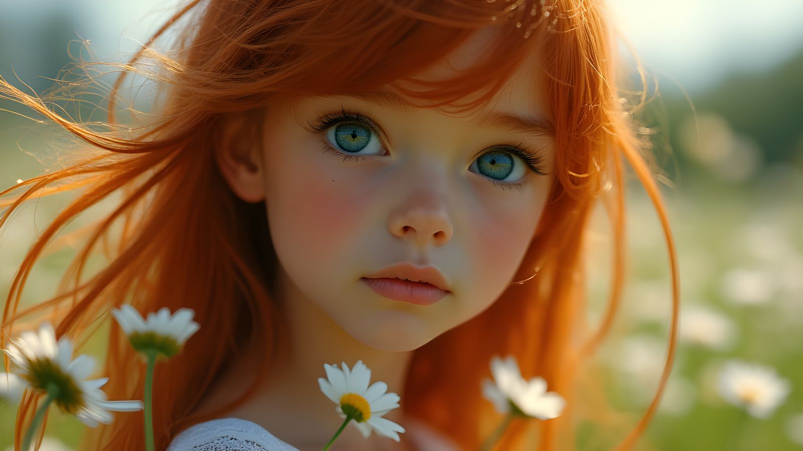 Serene Girl in Daisy Field: Hyperrealistic Portrait