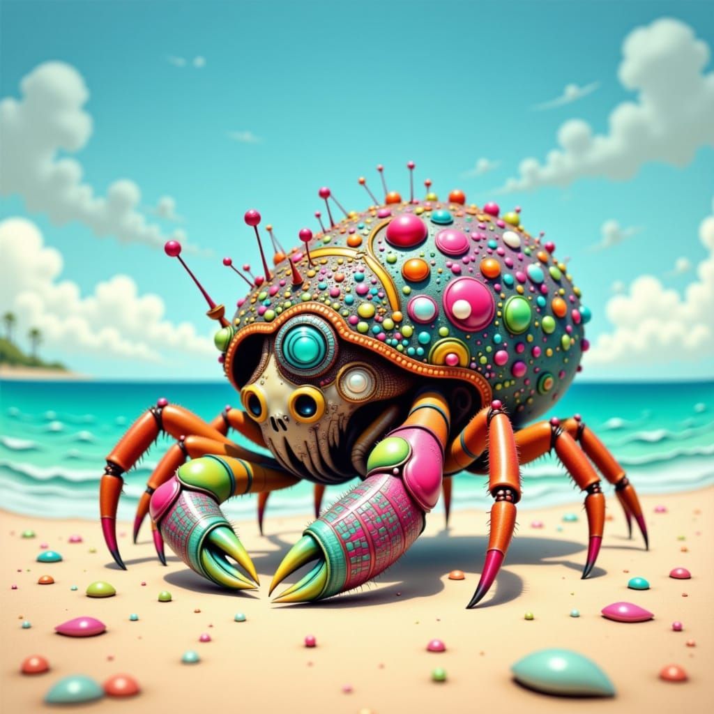 Psychedelic Hermit Crab on Sunlit Beach