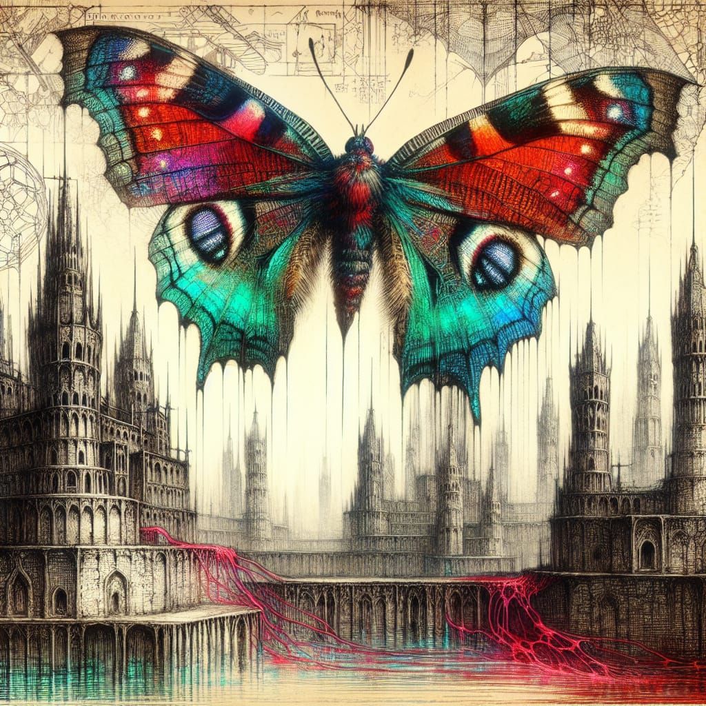 Biopunk Butterfly over Dystopian Cityscape
