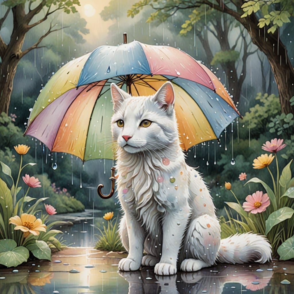 Whimsical White Cat and Wolf Share a Colorful Umbrella