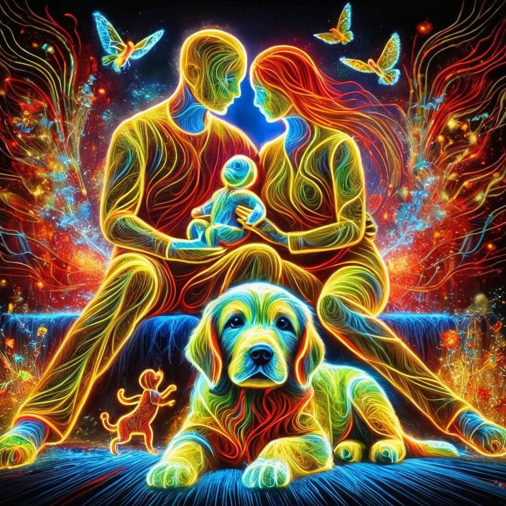 ,aximalist,black background,
Father, mother, child and dog m...