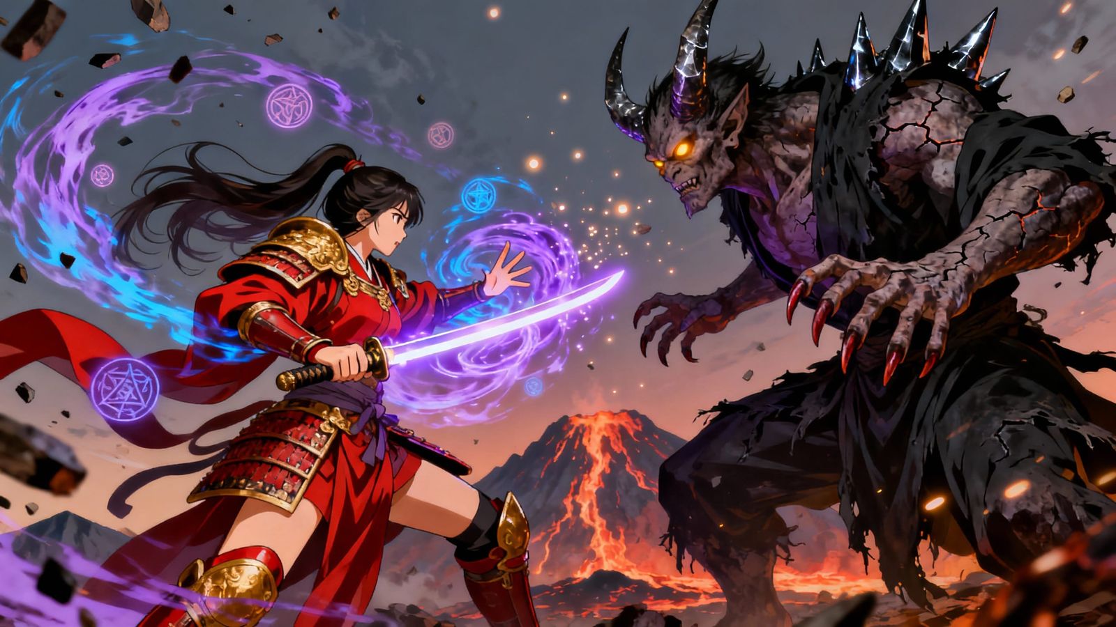 Female Warrior Battles Oni in Dynamic Anime Style