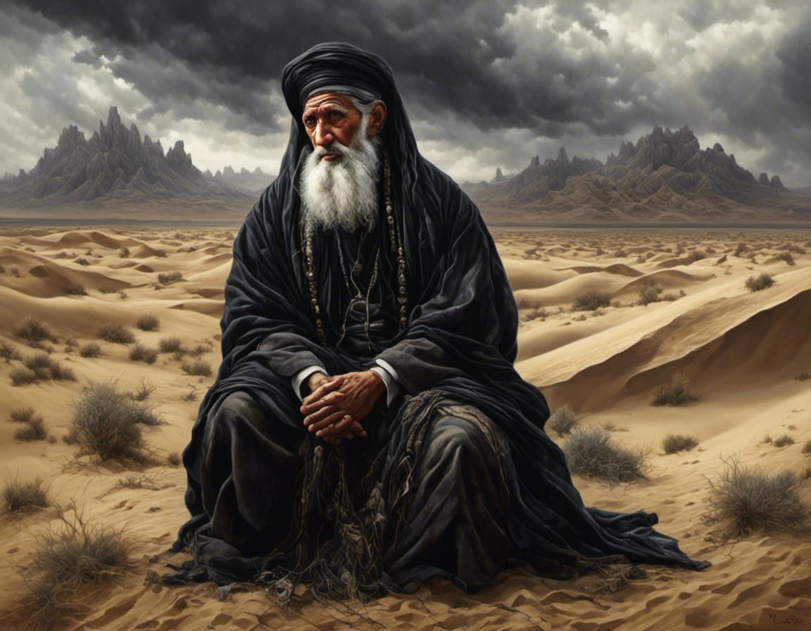 Orthodox Jewish Man Kneeling in Desert, Hyperrealism