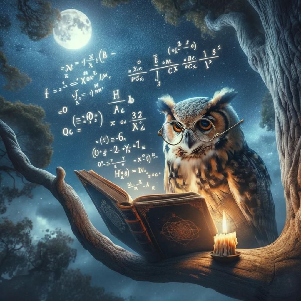 Wise Owl Reading Under Starlit Sky