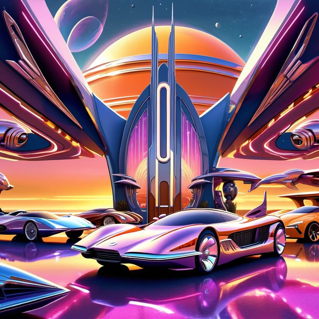 Alien Supercar Garage in Cosmic Art Deco Style