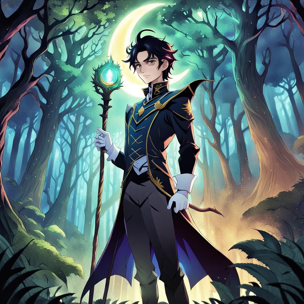 Handsome Prince Magician in Anime Style Forest